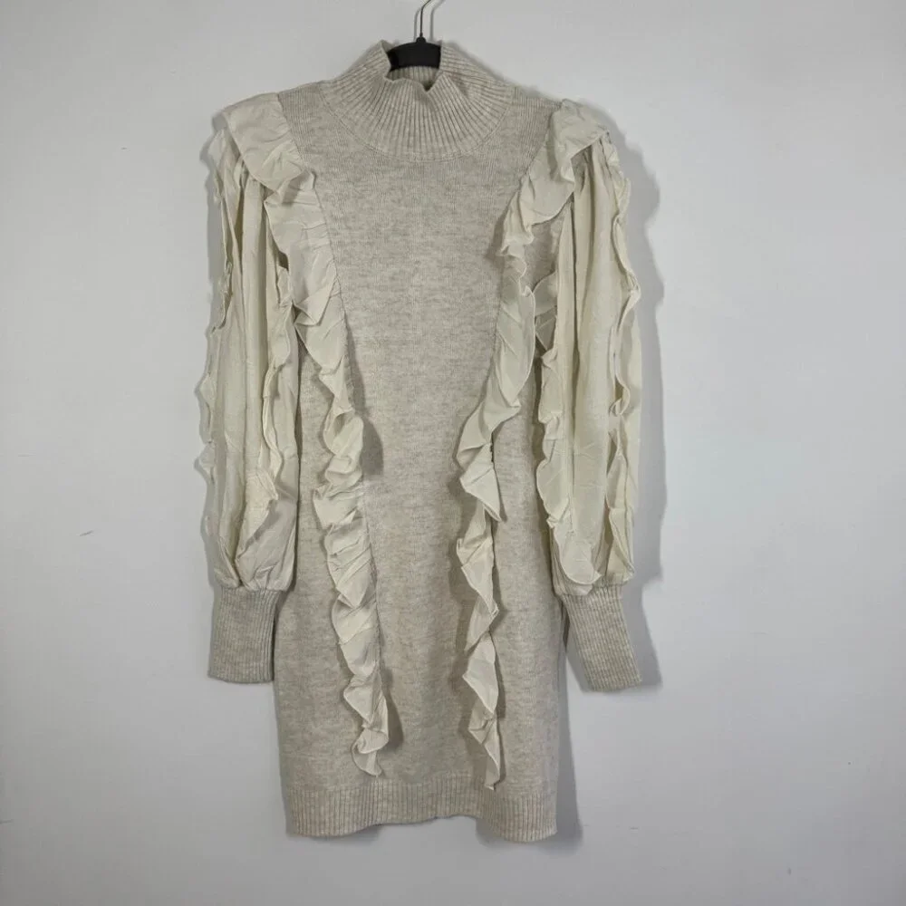 FIGARO Beige Sweater Long Sleeve Ruffle Knit Mini Dress  Quiet Luxury Size 2